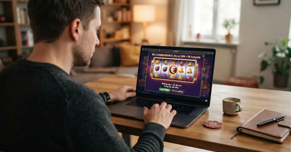 Spieler prüft Bonusbedingungen und Umsatzvorgaben auf dem Laptop