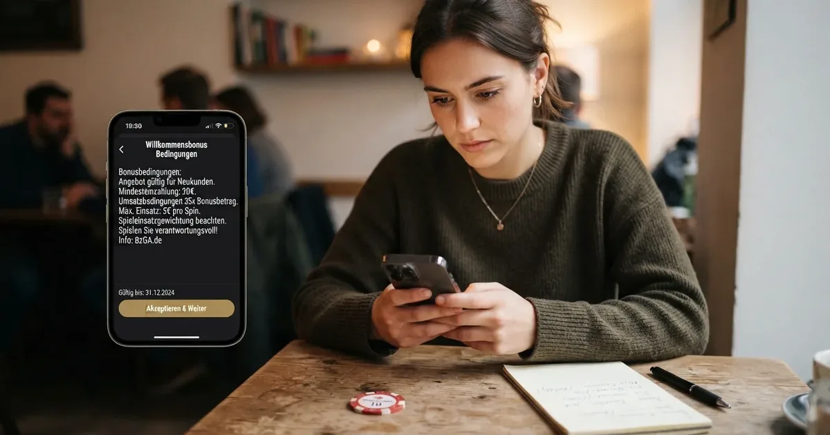 Spielerin prüft auf dem Smartphone die Bonusbedingungen eines Online-Casinos mit 20 Euro Startguthaben