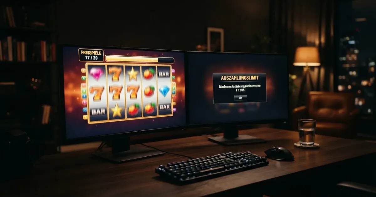 Hero: Zwei Spielautomaten-Bildschirme nebeneinander, links ein Freispiel-Countdown bei 17 von 20, rechts ein Auszahlungslimit-Hinweis, dezente Casino-UI