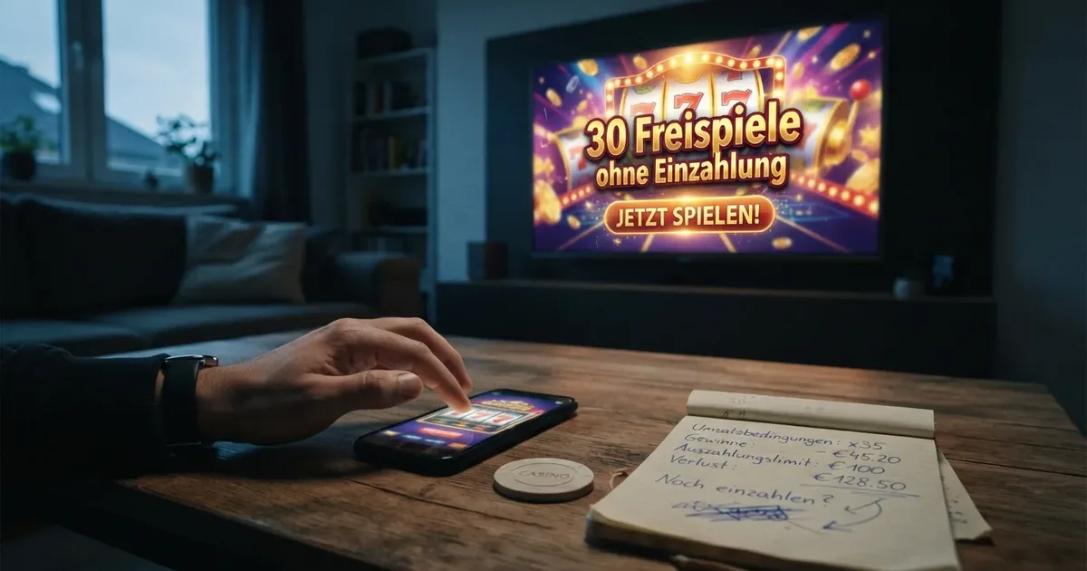 Casino-Marketing mit Symbolen für Freispiele und Geschenke, das die Diskrepanz zwischen Werbung und realen Konditionen verdeutlicht