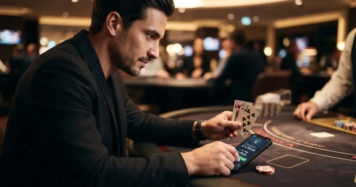 Spieler am Casino-Tisch mit konzentriertem Blick auf die Hand, Geldbörse geöffnet mit 40-Euro-Schein