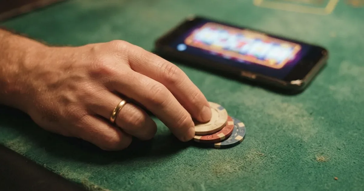 Eine Hand, die einen kleinen Stapel Chips auf einem grünen Filztisch betrachtet, daneben ein Smartphone mit geöffneter Casino-App