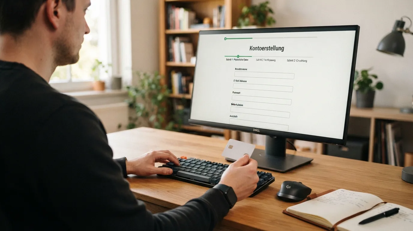 Abbildung eines typischen Online-Casino-Registrierungsprozesses auf einem Desktop-Monitor