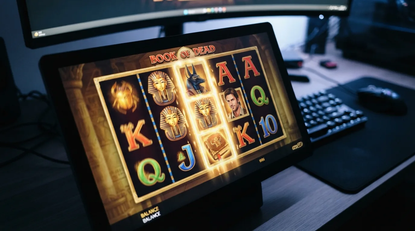 Darstellung eines Book of Dead Slots auf einem Spielautomaten-Bildschirm