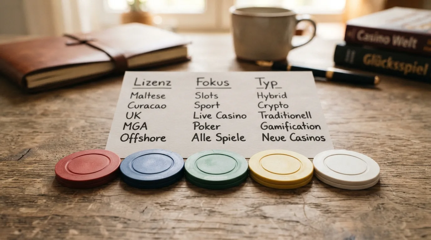 Vergleich von fünf Casino-Logos und Siegeln unterschiedlicher Aufsichtsbehörden