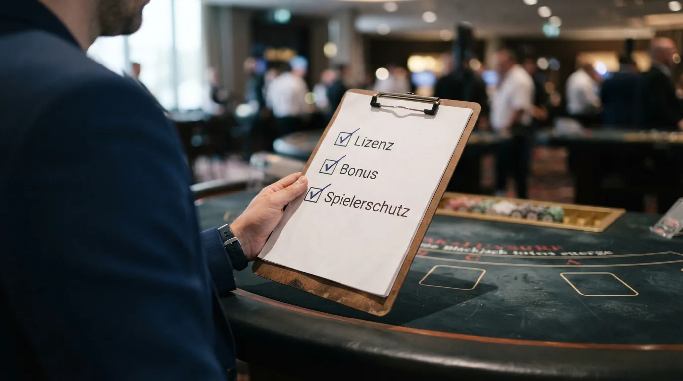Dokumentation der Bewertungskriterien: Lizenzstatus, Bonusbedingungen und Spielerschutz auf einem Bewertungsbogen