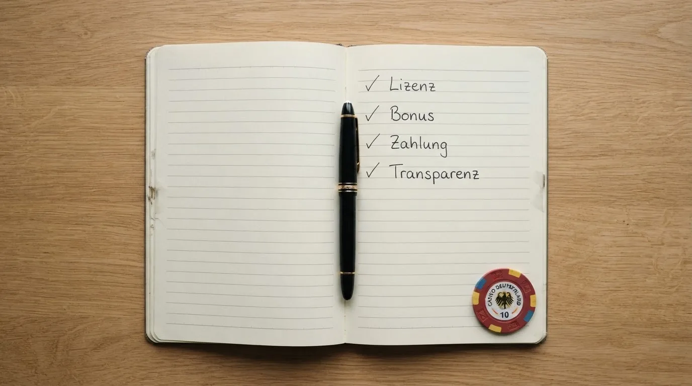 Grafische Darstellung eines Bewertungsframeworks mit vier Säulen: Lizenzstatus, Bonusbedingungen, Zahlungsmethoden und Trackrecord, mit Icons für jede Säule auf neutralem Hintergrund