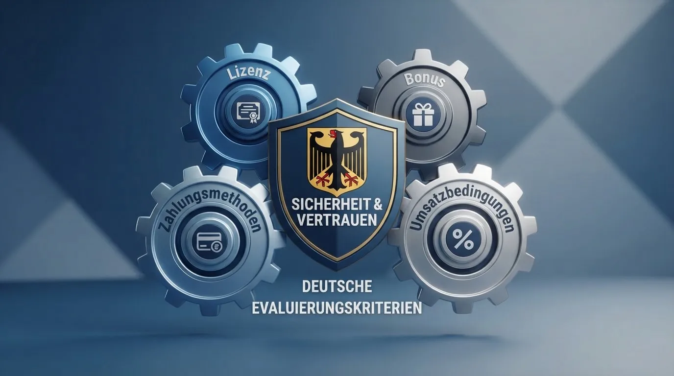 Grafisches Diagramm der Bewertungskriterien mit Symbolen für Lizenz, Bonus, Umsatzbedingungen und Track-Record