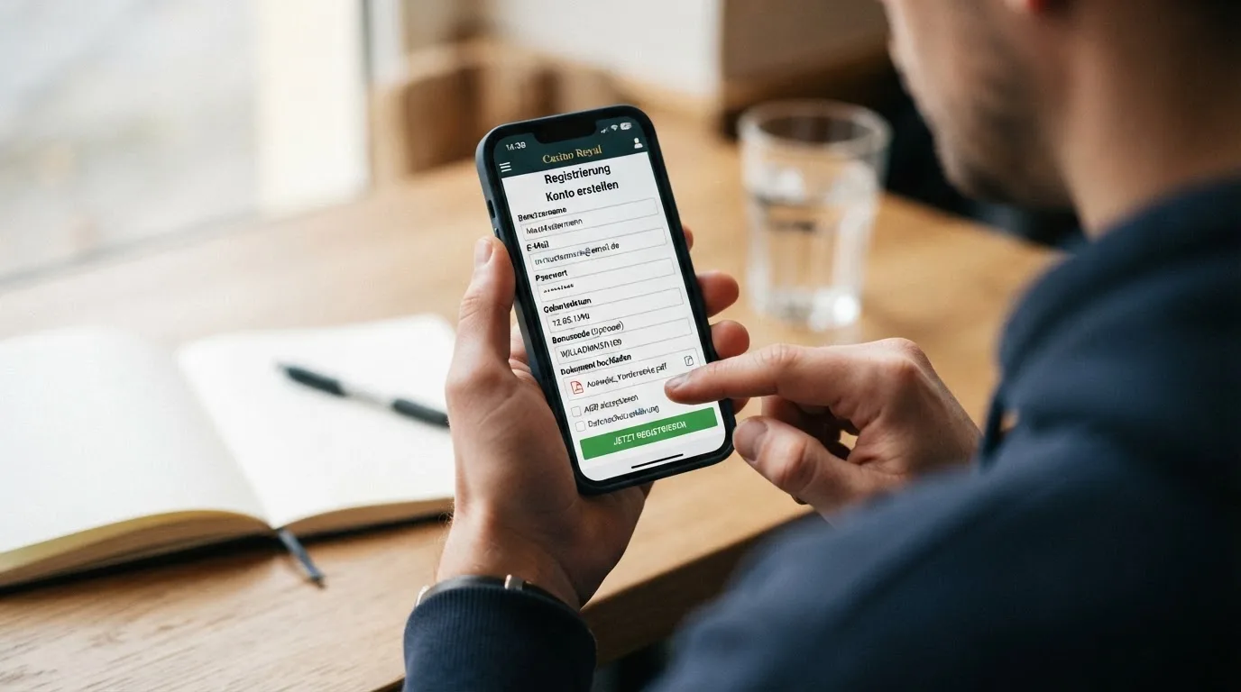 Smartphone zeigt den Registrierungsprozess mit Bonus-Code-Feld und Dokumenten-Upload-Button