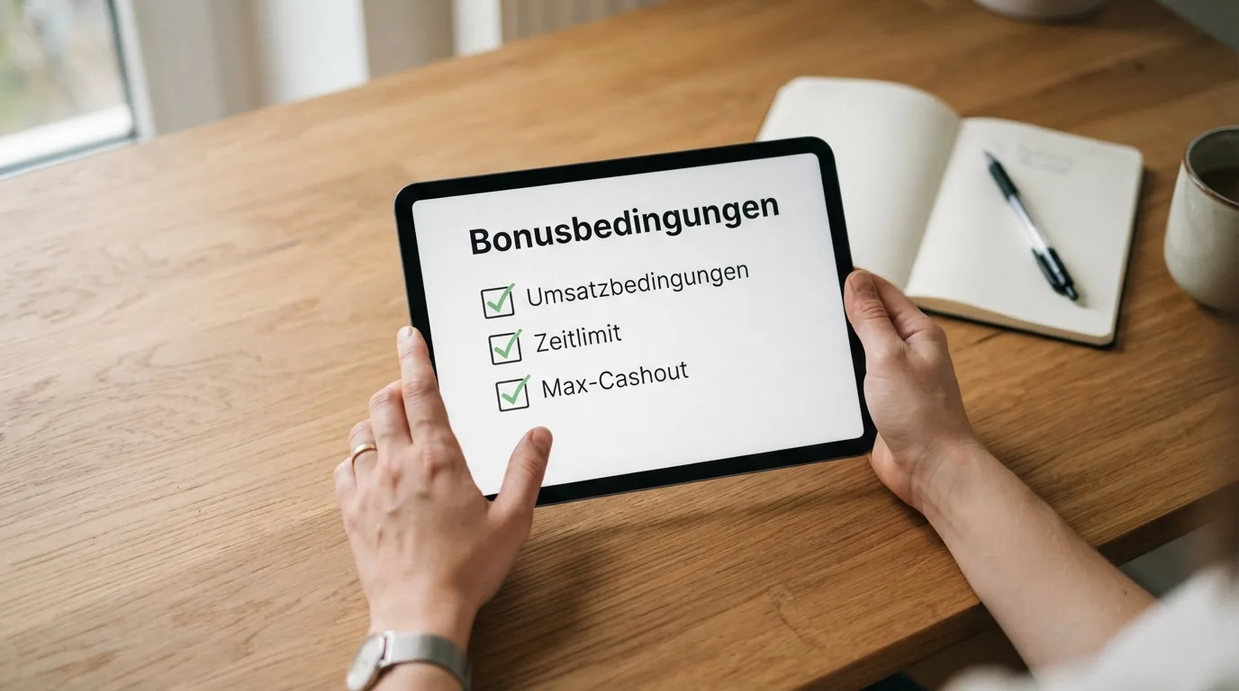 Checkliste für Bonus-Bedingungen auf einem Tablet