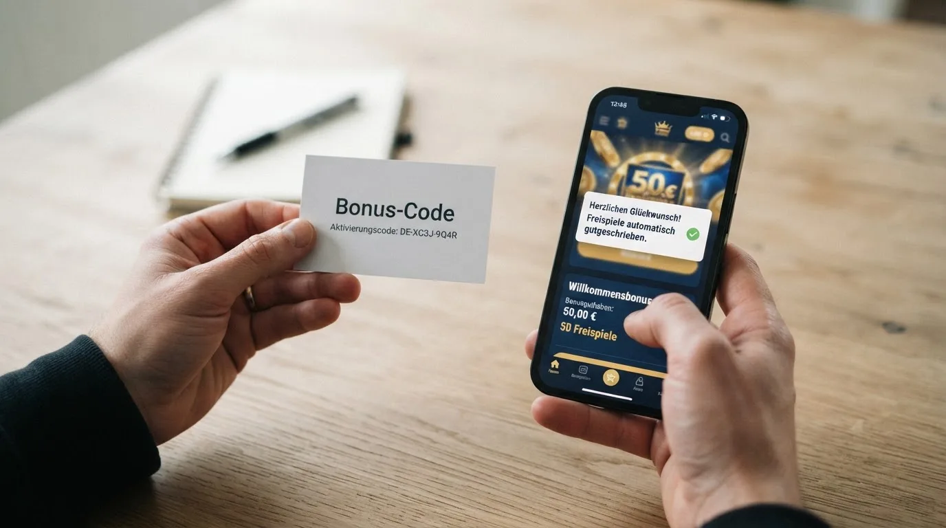 Zwei Hände, die Bonus-Code-Karten und Smartphone mit Casino-App halten — Vergleich automatischer vs. manueller Aktivierung