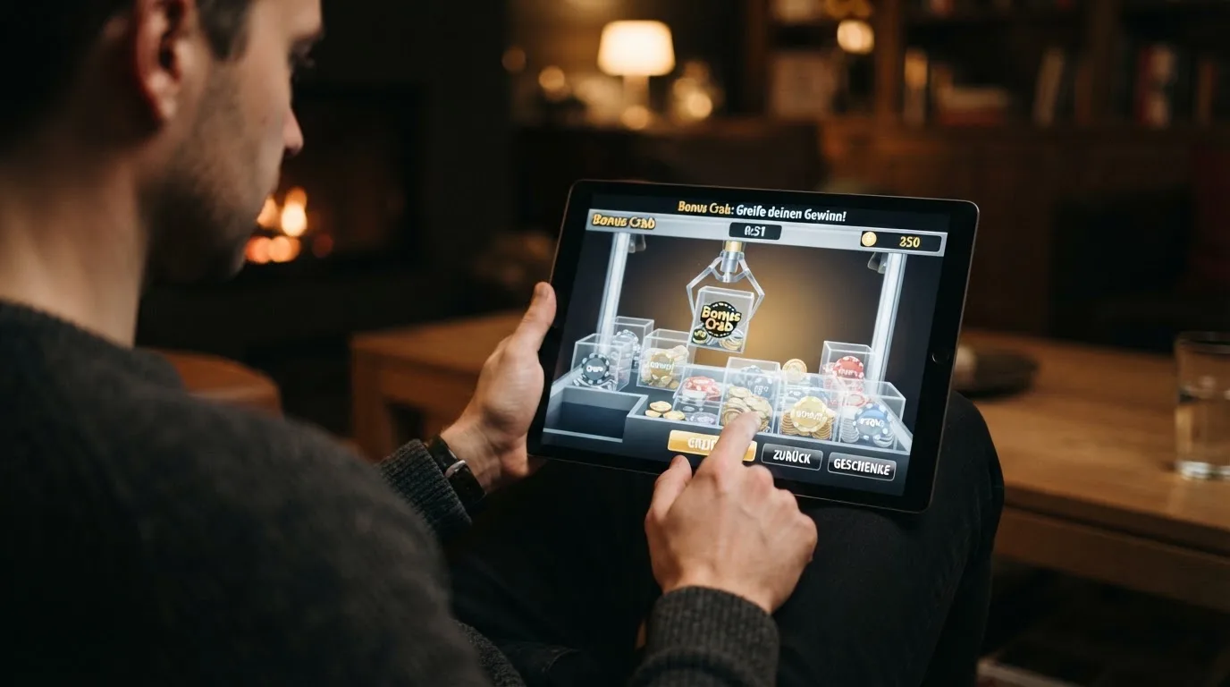 Nahaufnahme einer digitalen Greifmaschine-Schnittstelle mit mehreren transparenten Preisboxen und einem leuchtenden Joystick auf dunklem Grund