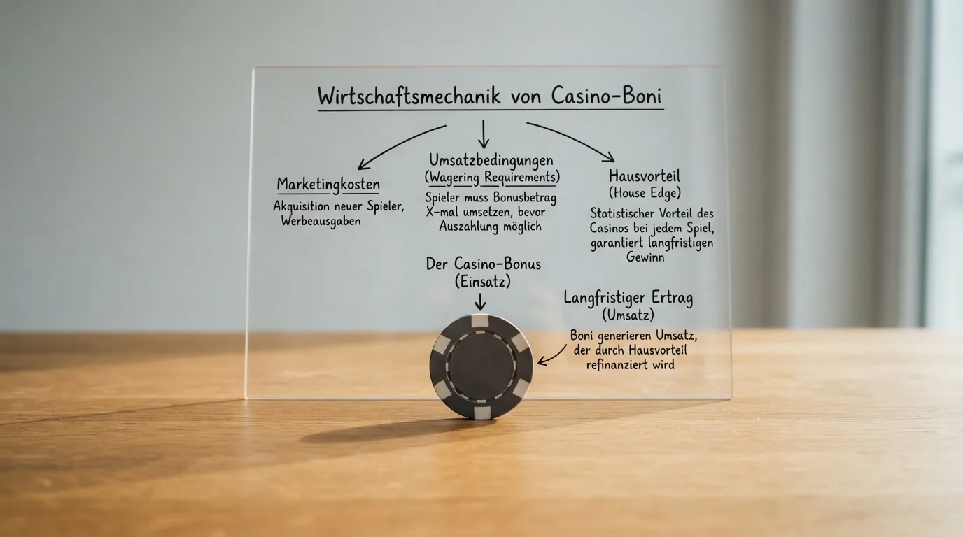 Grafik zur Ökonomie von Bonusangeboten: Wie Casinos durch Umsatzbedingungen ihre Marketingkosten refinanziert.