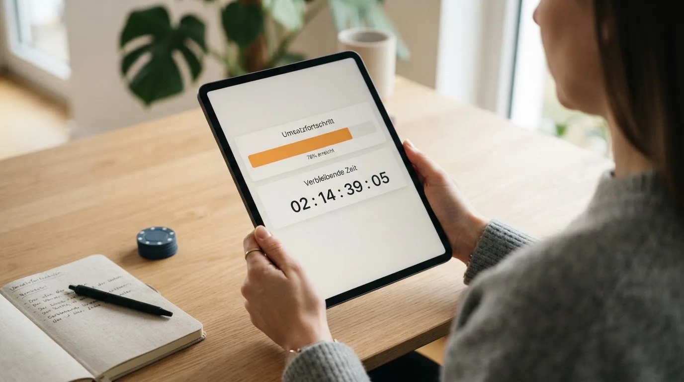 Dashboard-Ansicht mit Fortschrittsbalken für Bonusumsatz und Countdown-Timer für verbleibende Zeit