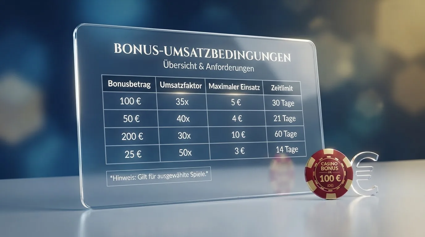 Detailansicht von Bonusbedingungen, Umsatzfaktoren und maximalem Einsatz pro Runde auf einem Bildschirm