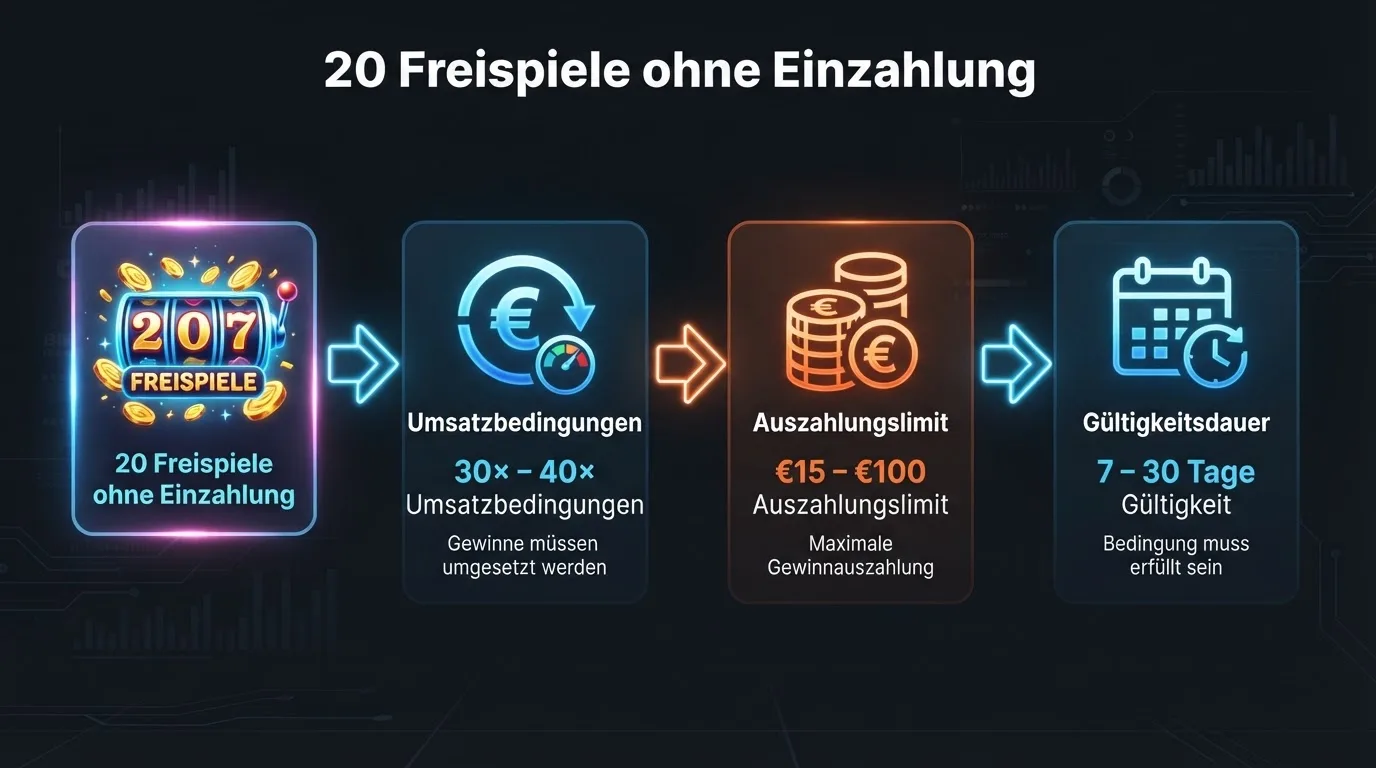 Infografik: Flussdiagramm von 20 Freispielen bis zum Auszahlungslimit mit Pfeilen, die Umsatzbedingungen, Maximalgewinn und Gültigkeitsdauer verbinden