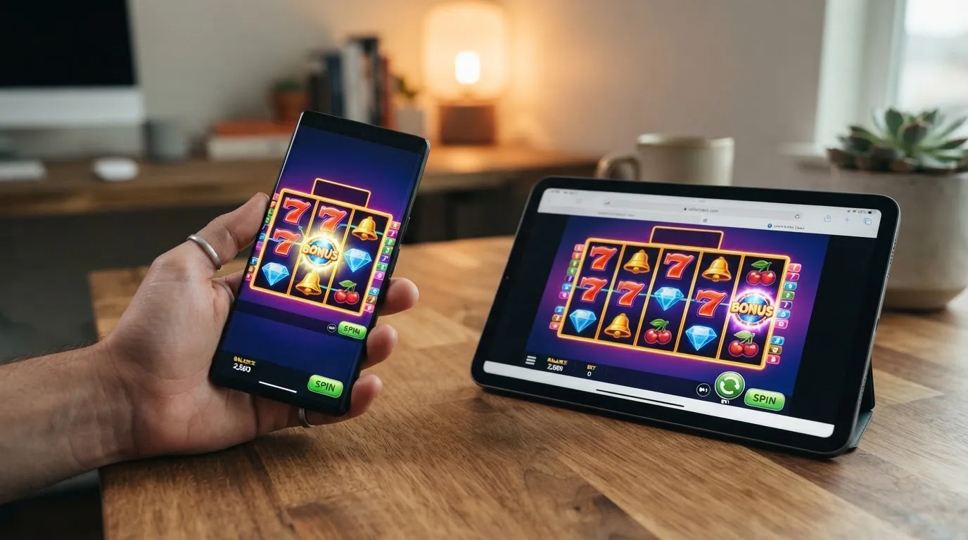 Smartphone-Bildschirm mit Casino-App-Interface und No-Deposit-Bonus-Banner, daneben ein Browserfenster mit derselben Website