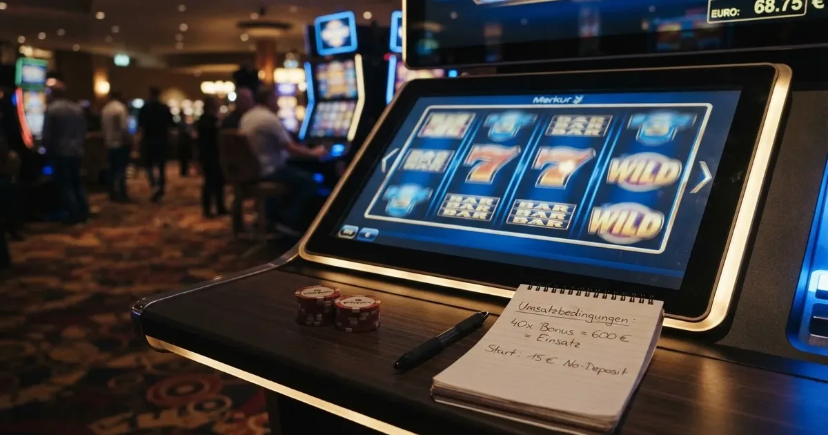 Grafik mit einem stilisierten Casino-Bonus ohne Einzahlung und einem Rechner, der Umsatzbedingungen zeigt