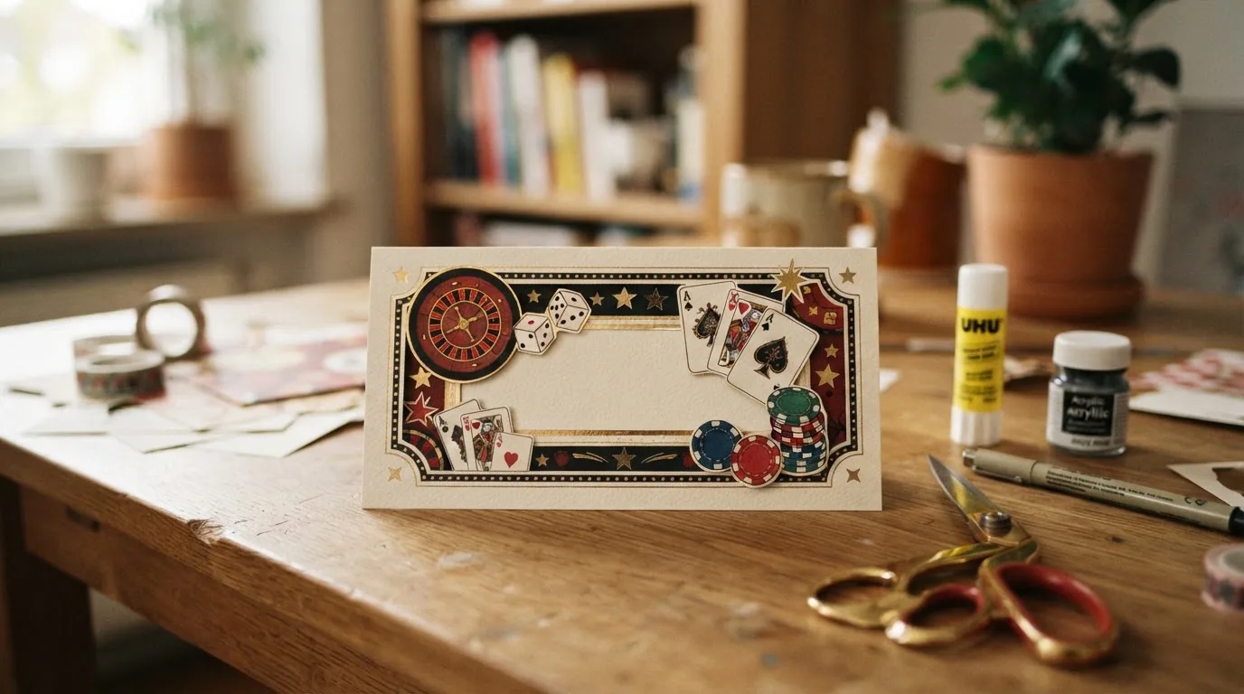 Gestaltete Casino-Geschenkgutscheine mit Spielkarten-Motiven neben Bastelutensilien und Drucker