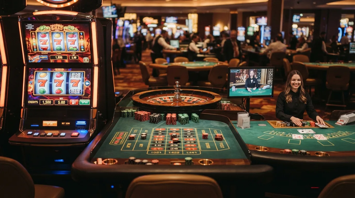 Verschiedene Casino-Spielkategorien nebeneinander: Spielautomaten, Roulette-Tisch und Live-Dealer-Setup