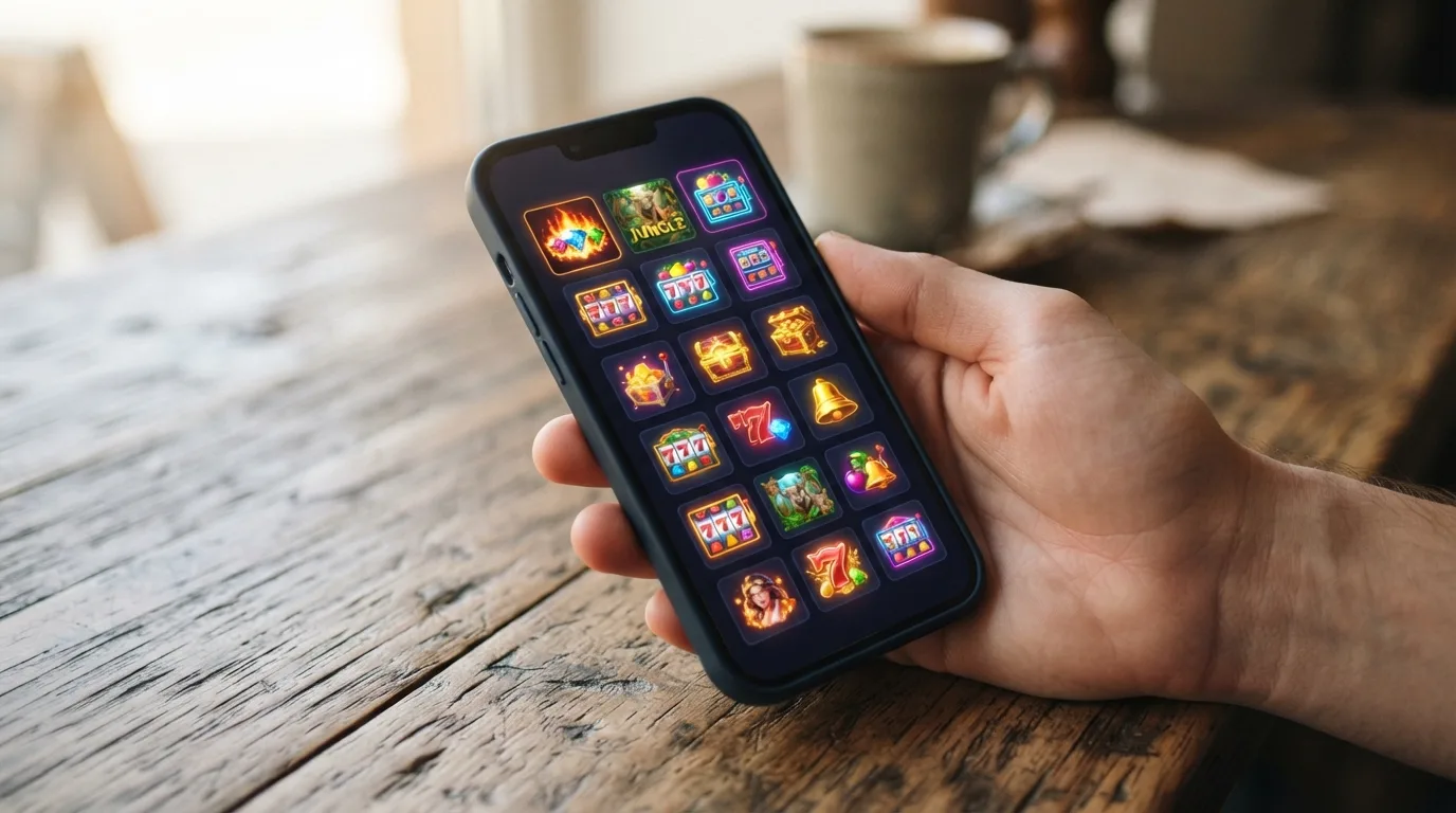 Smartphone zeigt eine Casino-Web-App mit Spielautomaten-Übersicht und Ladeanzeige