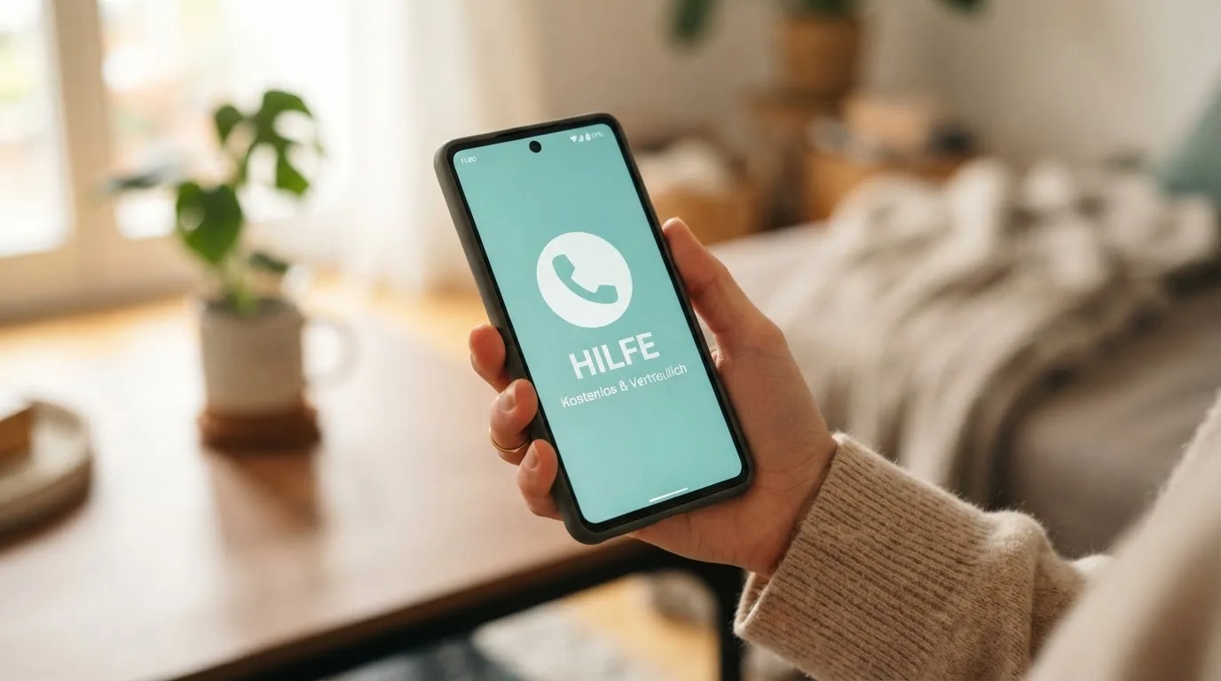 Notfalltelefon Hörer neben Check-dein-Spiel Logo auf dunklem Hintergrund