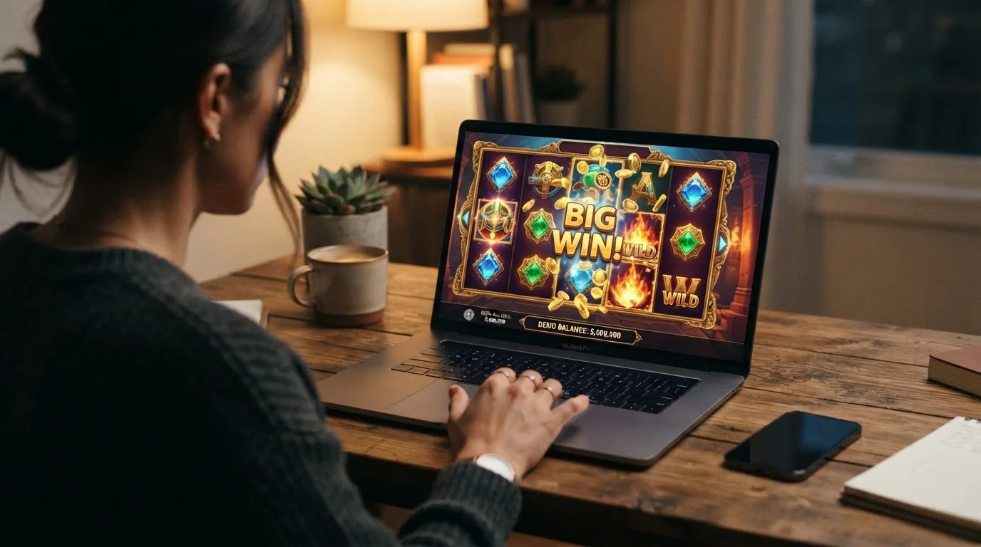Screenshot einer Slot-Oberfläche im Spielgeld-Modus ohne Echtgeldeinsatz