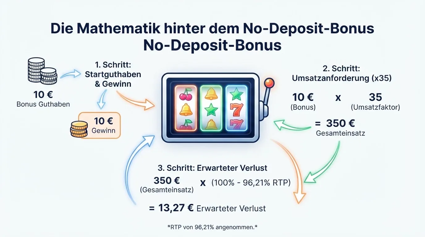 Die Grafik zeigt die mathematische Entschlüsselung eines No-Deposit-Bonus: Vom angenommenen Gewinn über das Wagering bis hin zum verbleibenden Erwartungswert.
