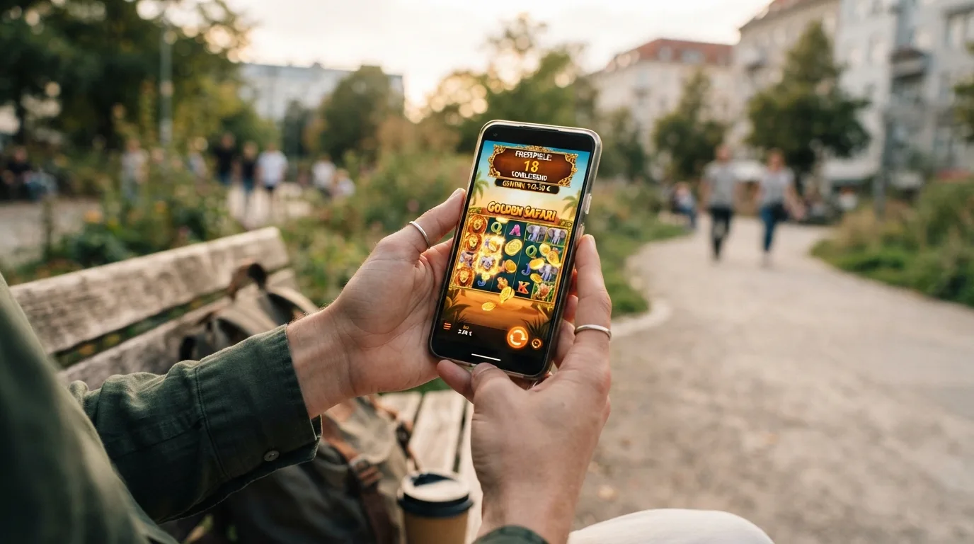 Smartphone mit Casino-App auf dem Display, sichtbare Freispiel-Anzeige und Restzeit-Counter