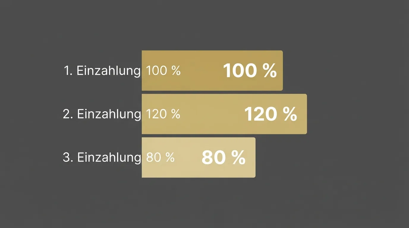 Grafische Darstellung eines gestaffelten Willkommenspakets mit drei Einzahlungsschritten, die zusammen 300 % ergeben, mit Balken und Prozentangaben in neutralen Farben