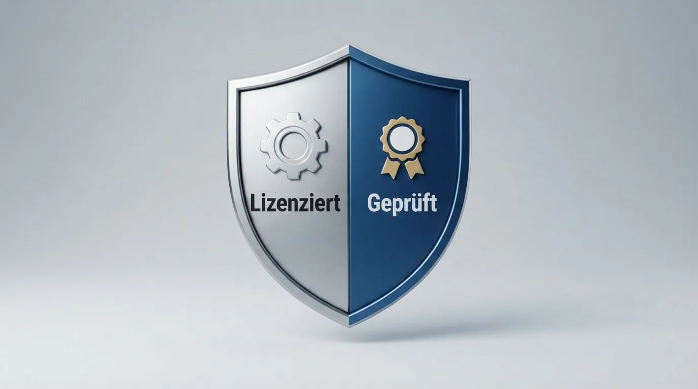 Ein schützendes Schild-Symbol vor einem Casino-Gebäude, das Sicherheit im regulierten Markt symbolisiert