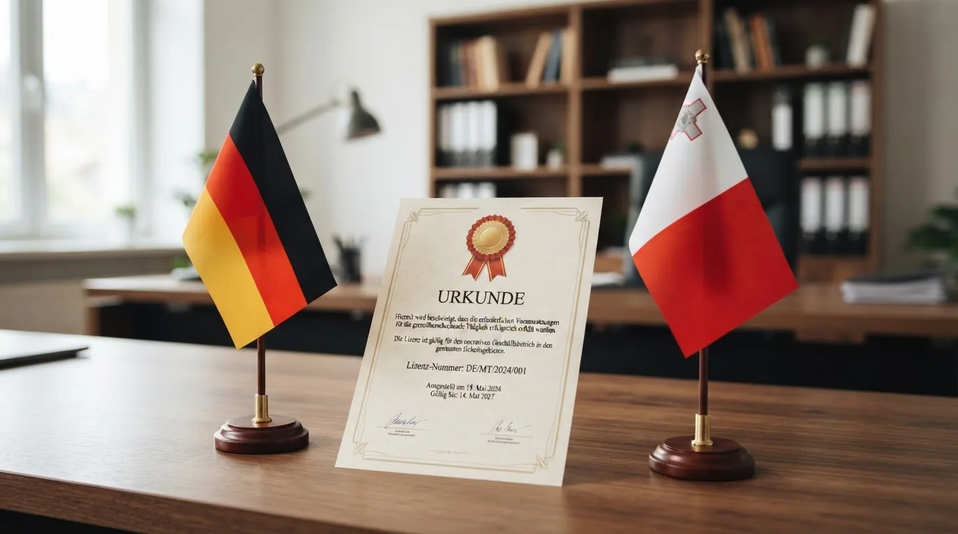 Zwei Flaggen-Symbole für Deutschland und Malta zeigen die verschiedenen Lizenzräume an