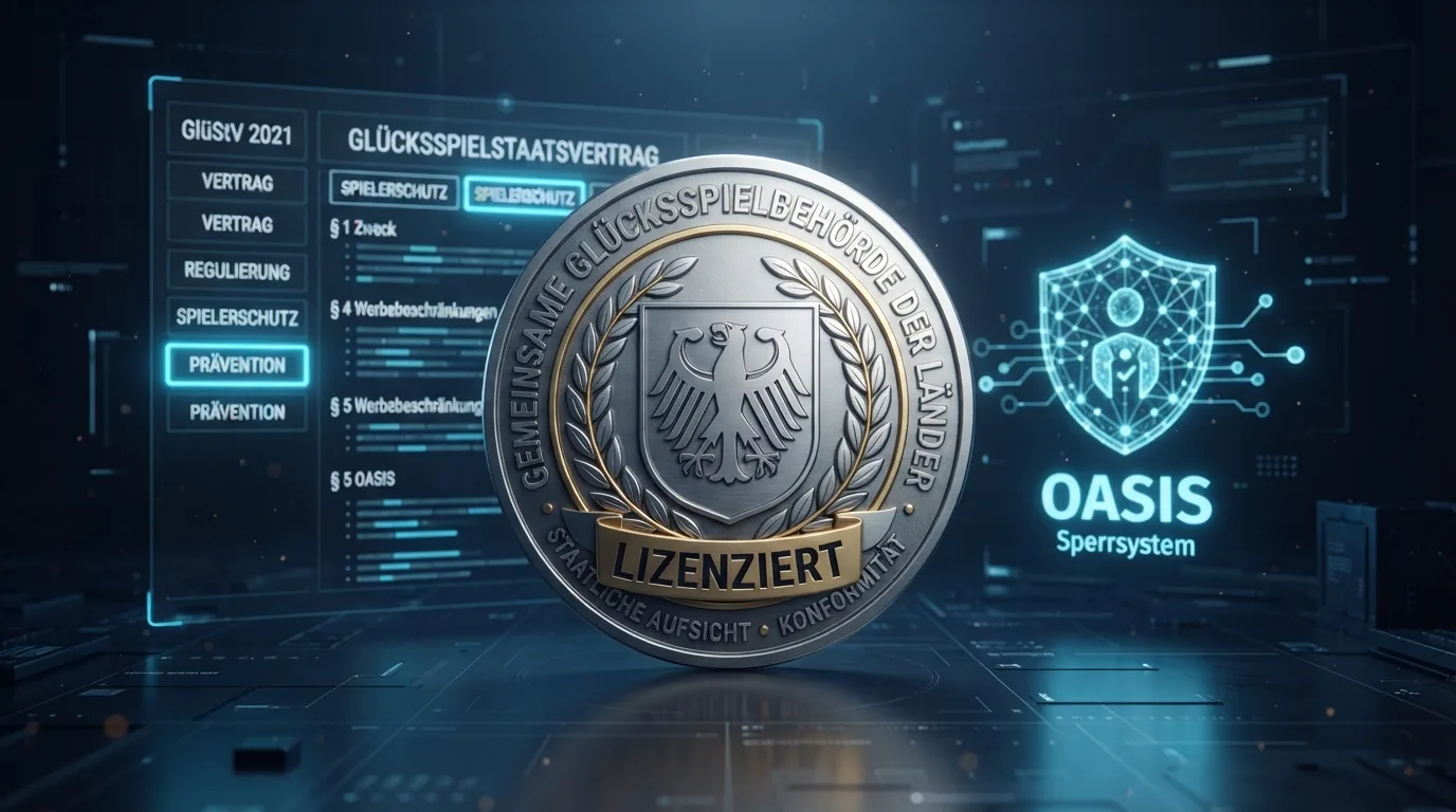 Symbolische Grafik: GGL-Siegel im Vordergrund, im Hintergrund schematisch eine Wandskizze mit GlüStV-Auszügen und OASIS-Logo