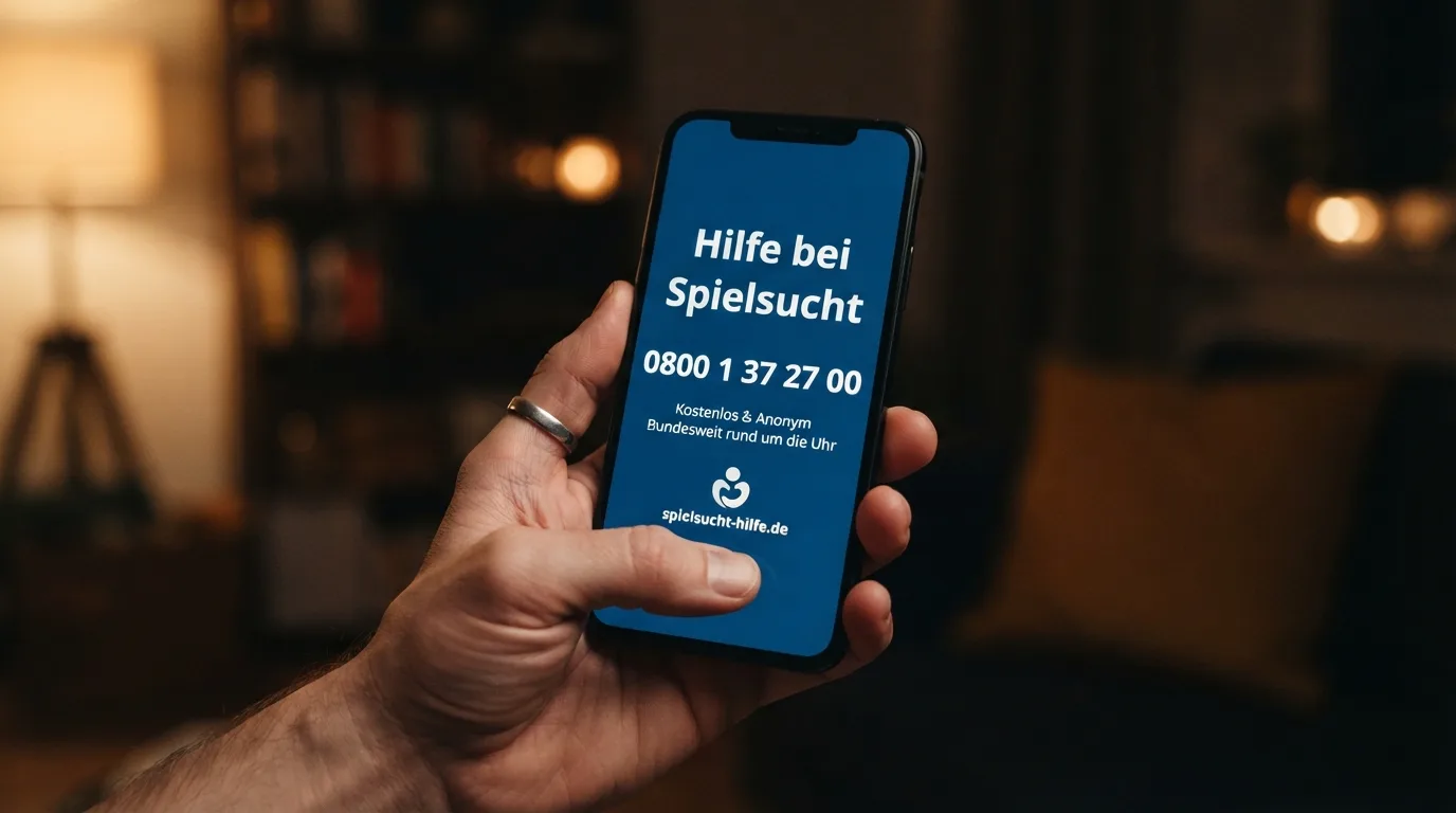 Ein stilisiertes Telefonhörer-Symbol neben einer Notrufnummer und dem Logo einer Hilfsorganisation auf einem ernsten, dunklen Hintergrund.