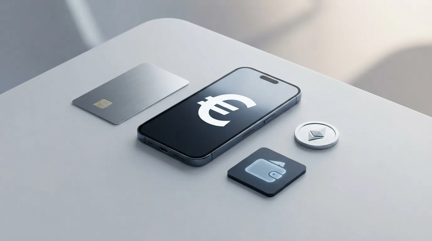 Kryptowährungsmünzen neben einem Smartphone auf einem digitalen Zahlungsverkehrshintergrund