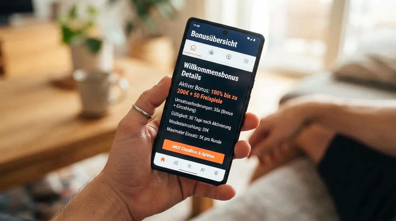 Smartphone zeigt eine Bonus-Übersicht und Umsatzbedingungen
