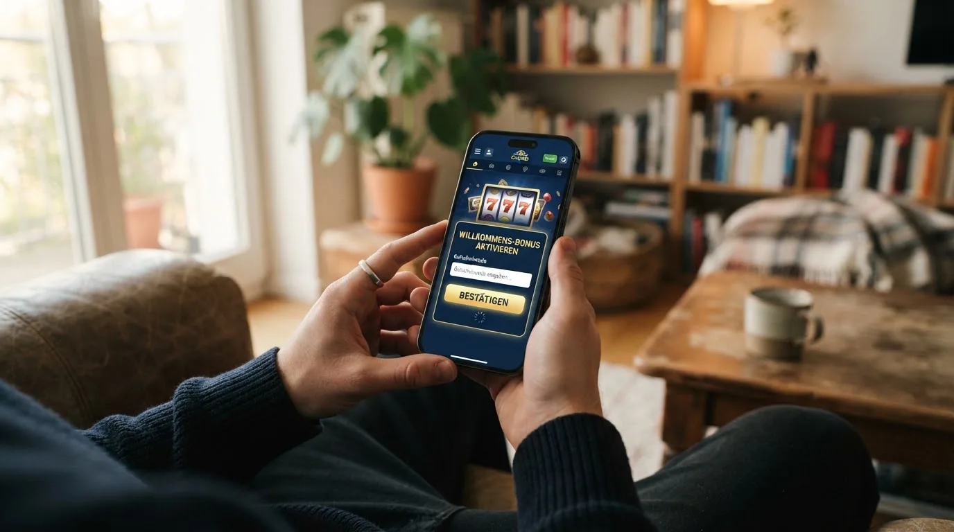 Smartphone-Display zeigt mobile Casino-App mit Code-Eingabefeld und Bonus-Bereich im Vordergrund