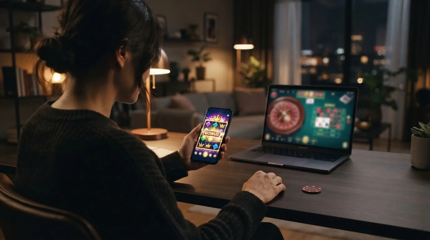 Smartphone mit Casino-App-Oberfläche auf dem Homescreen neben einer Desktop-Version des Casinos