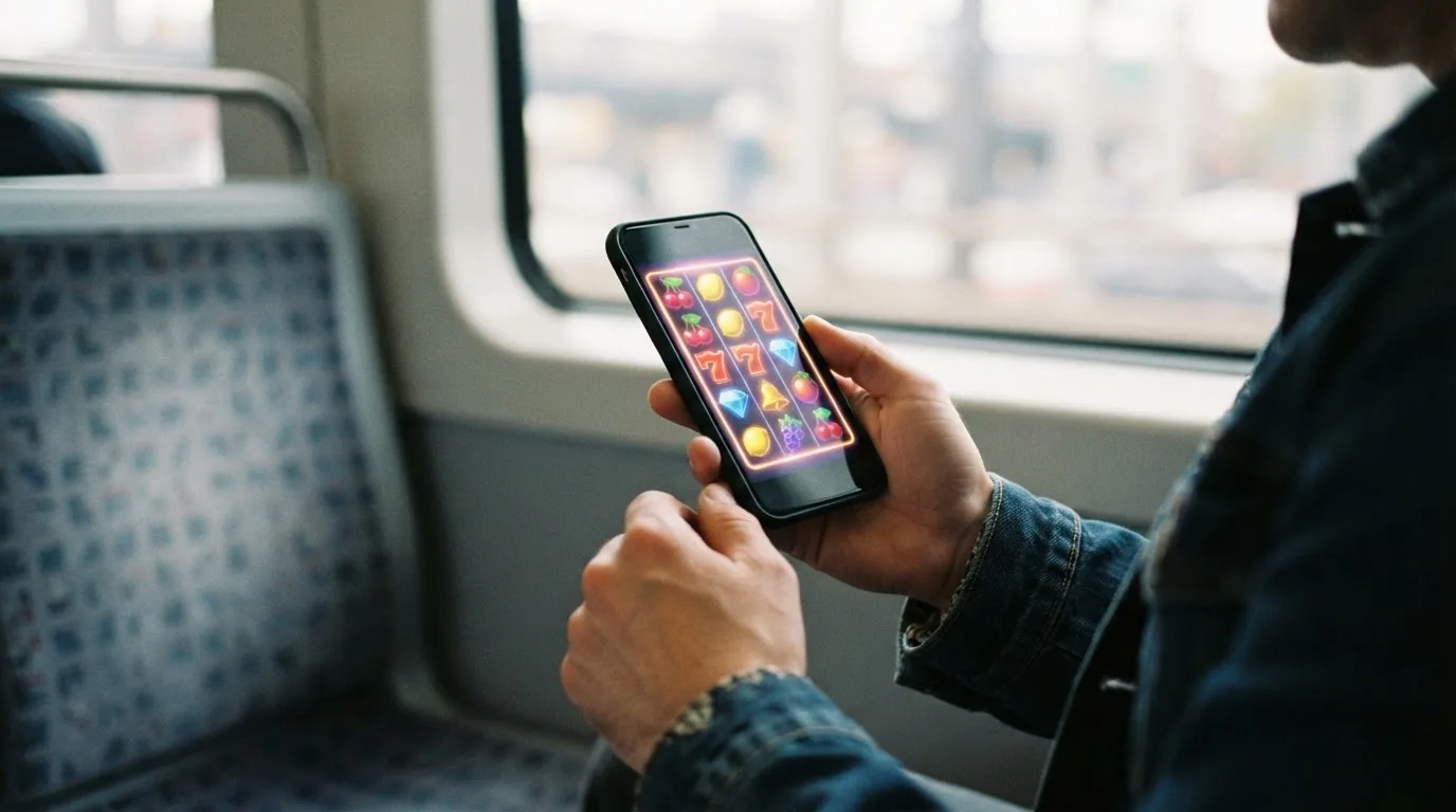Spieler mit Smartphone in einer U-Bahn, der entspannt mobil Spielautomaten öffnet