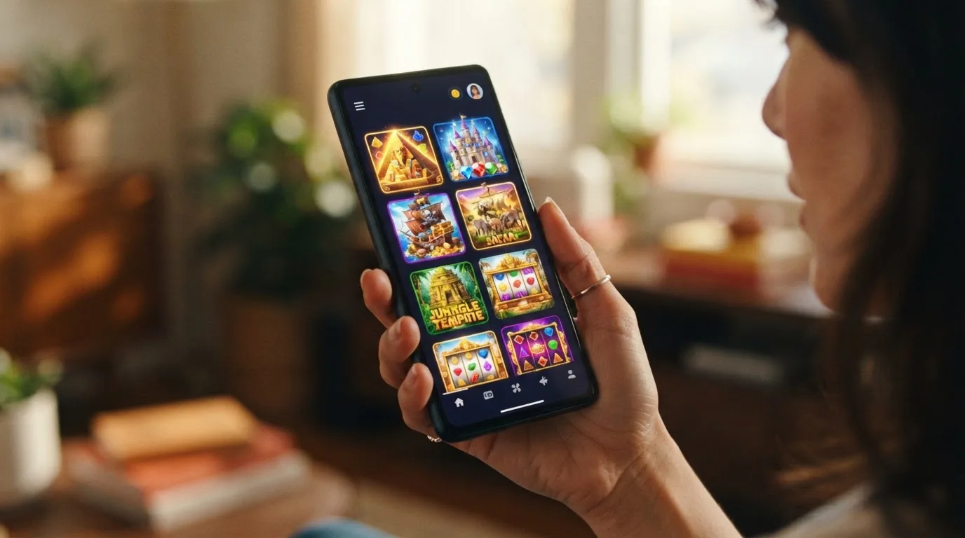 Smartphone zeigt eine Auswahl an Slot-Spielen mit Touch-optimierter Benutzeroberfläche und Gewinnanzeige