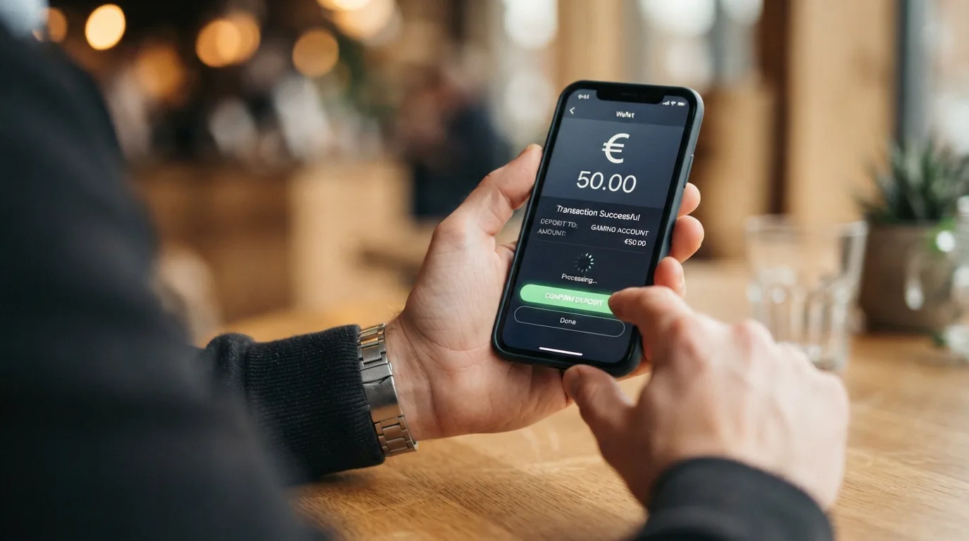 Smartphone zeigt eine mobile Wallet-App mit Casino-Einzahlungsbestätigung und Kontostand-Anzeige