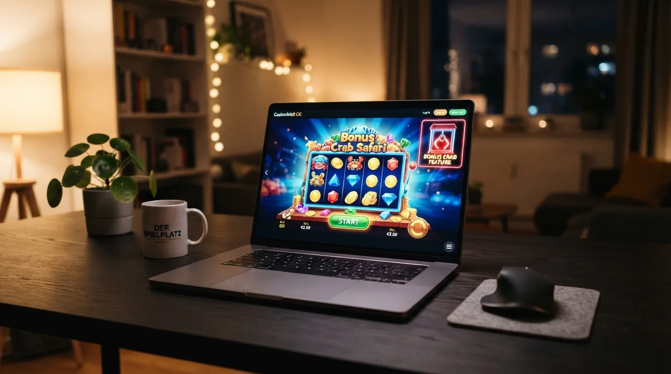 Moderne Benutzeroberfläche eines neuen Online-Casinos mit auffälligen Neon-Elementen, einem Willkommensbanner und einem leichten Greifarm-Icon in der Ecke.