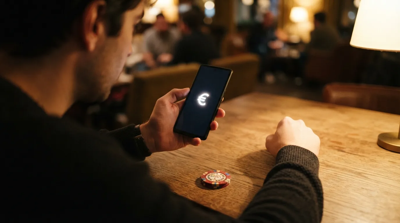 Schematisches Bild eines neuen Casino-Logos auf einem Smartphone-Display, mit Krypto-Symbolen und einem Registrierungsformular