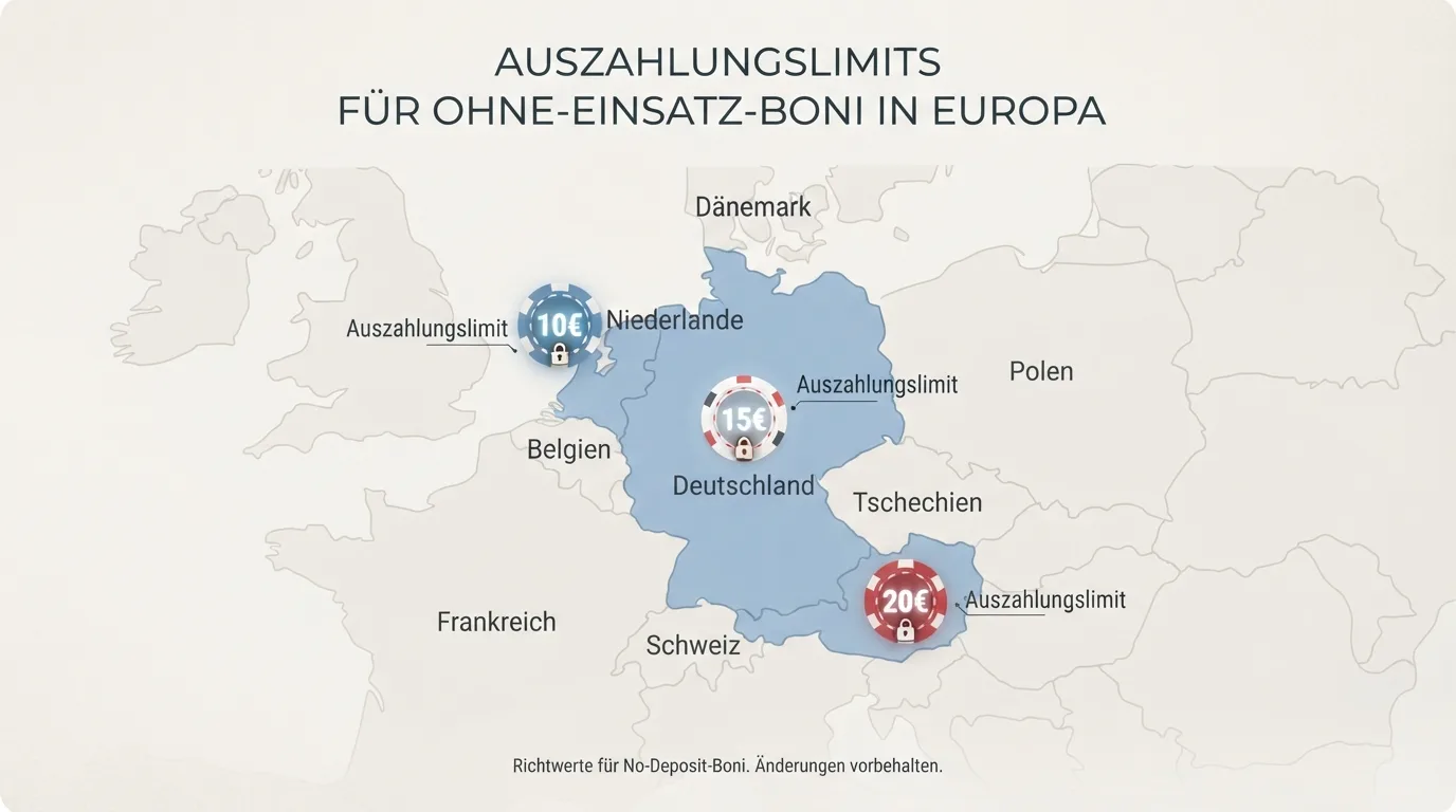 Karte, die No-Deposit-Boni mit ihren typischen Umsatz-Hürden und Auszahlungslimits darstellt