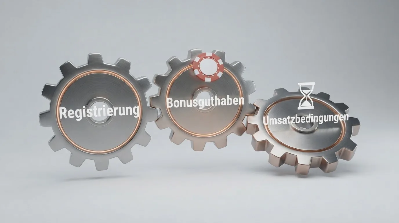 Schematische Darstellung eines Bonus-Weges: von der Registrierung zur Umsatzbedingung bis zur Auszahlung