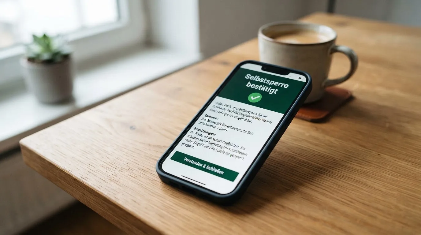 Smartphone zeigt eine OASIS-Selbstsperren-Bestätigung mit Datum und Sperren-Details auf dem Bildschirm