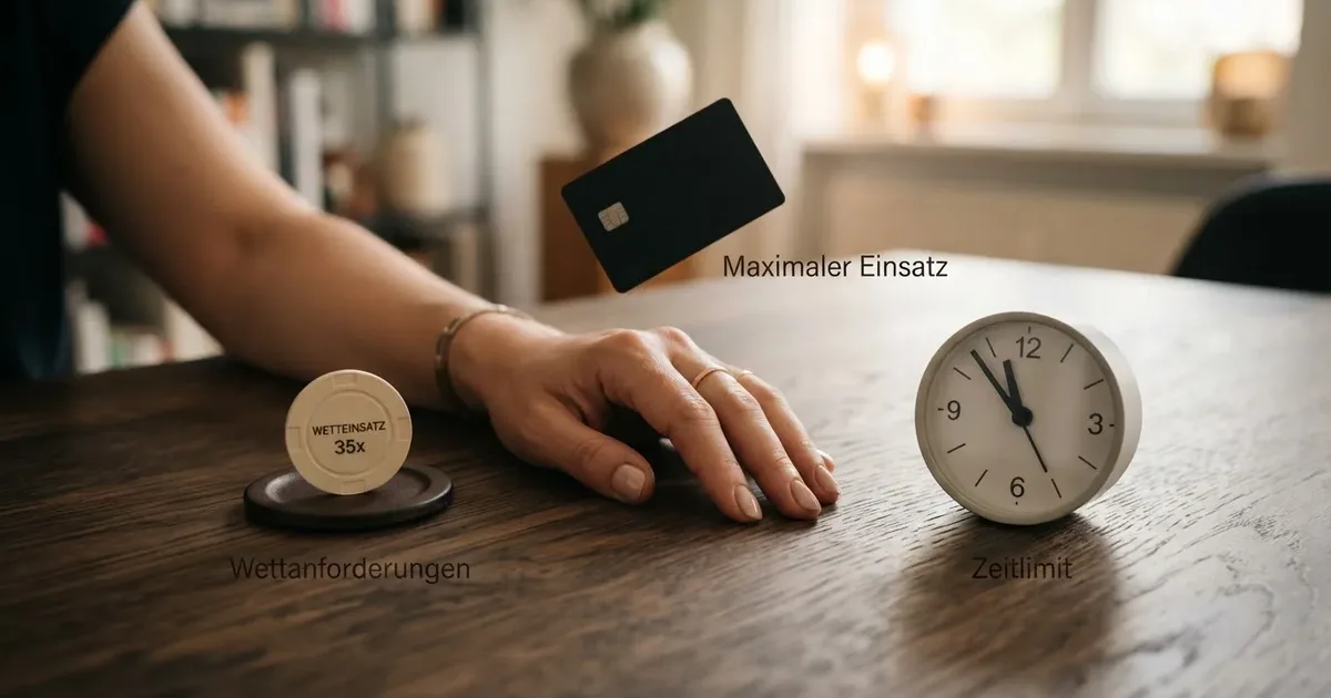 Grafik mit Symbolen für Umsatzbedingungen, Zeitlimit und Maximal-Einsatz als drei zentrale Hürden eines Casino-Bonus