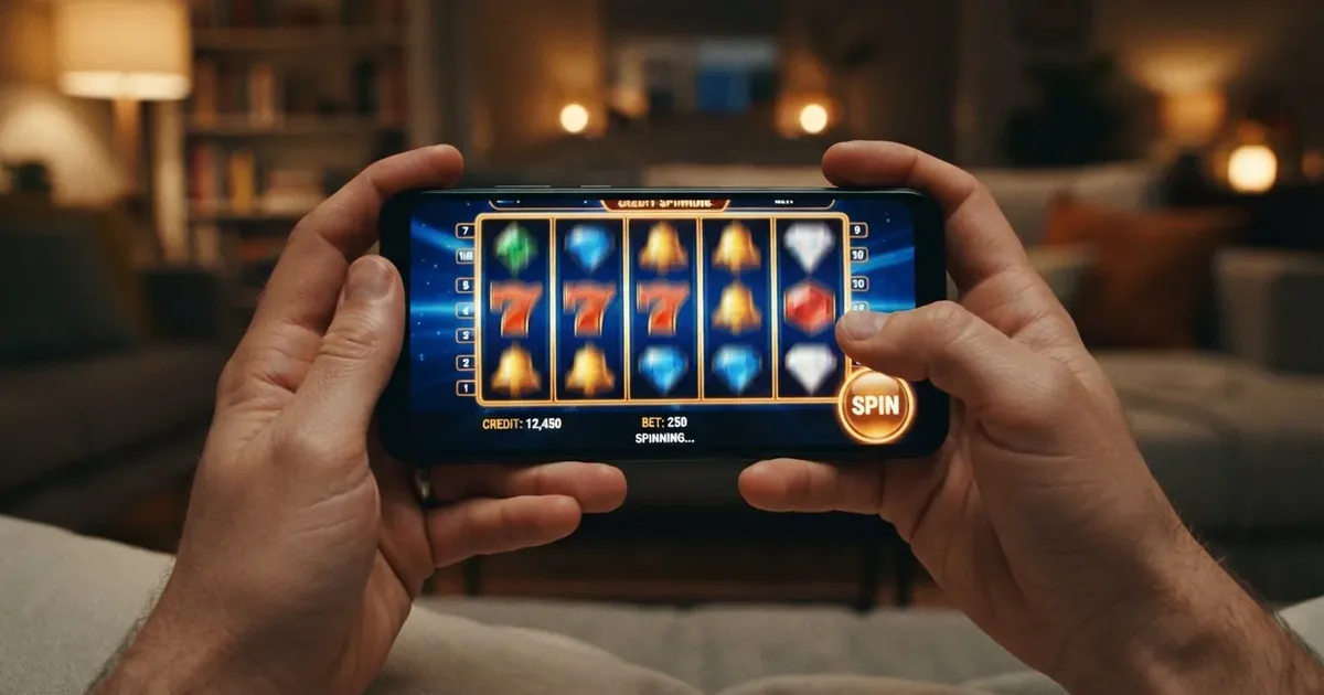 Spieler an einem mobilen Spielautomaten mit Fokus auf die Bildschirmgrafiken und die Bedienelemente