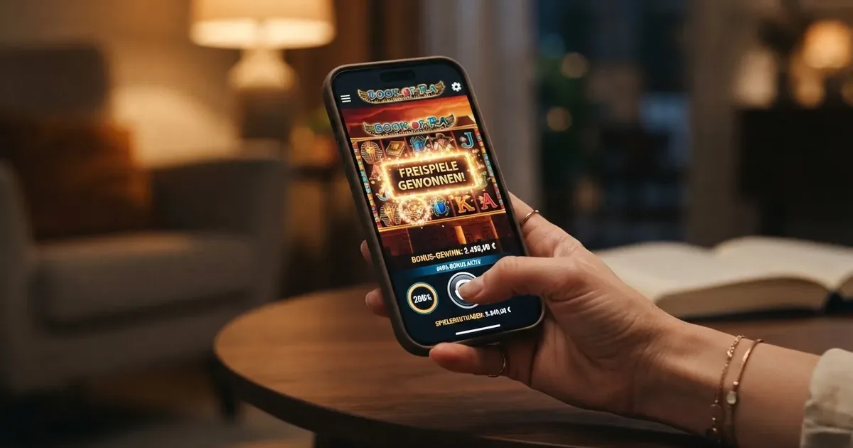 Eine Hand hält ein Smartphone und zeigt eine Casino-App-Oberfläche mit Bonuszahlen, illustriert das Verständnis von Match-Boni und Umsatzbedingungen