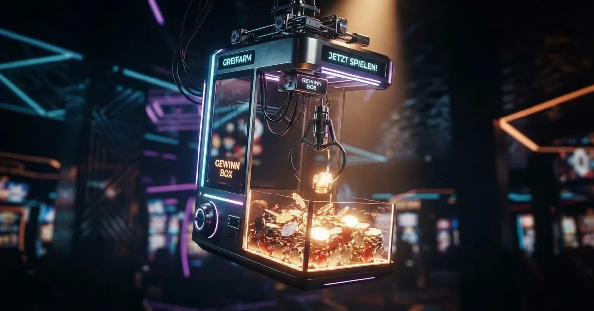 3D-Render eines animierten Greifarms, der einen roten Casino-Chip über leuchtenden Preisboxen positioniert, dunkler Hintergrund mit Neon-Akzenten